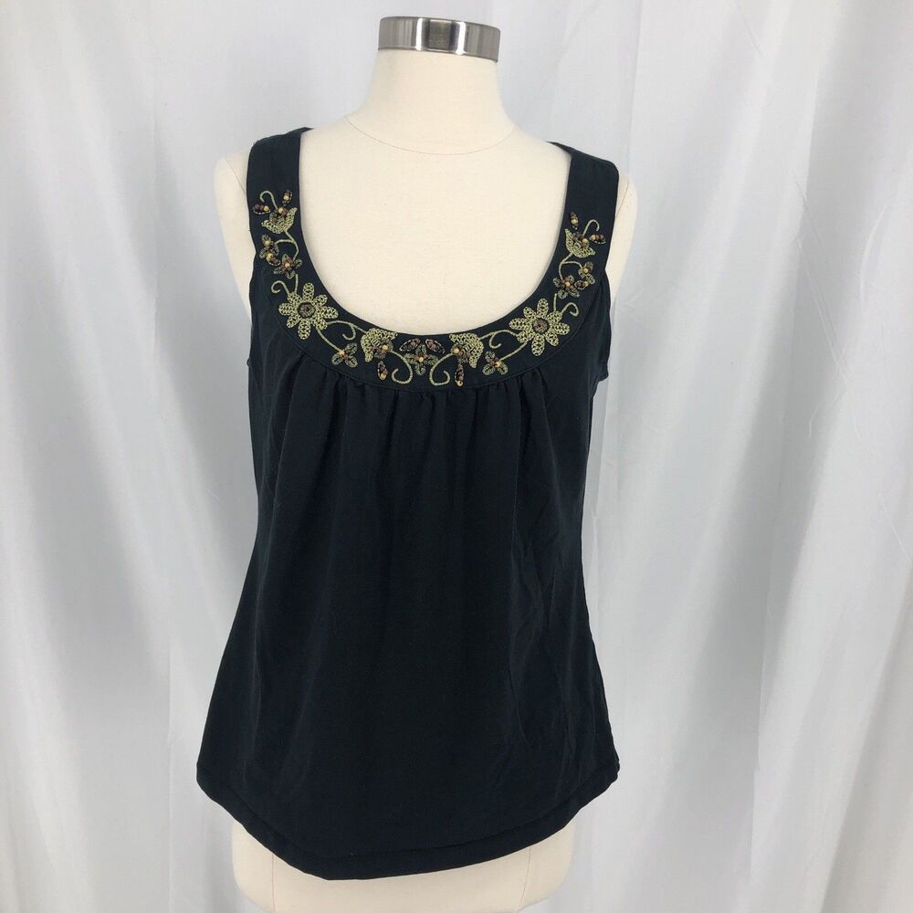 Ann Taylor LOFT Embroidered Beaded Floral Sleeveless Knit Tank Top Black Scoop L